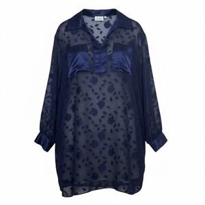 Vintage Lucie Ann Navy Sheer Floral Satin Collar Blouse Long Sleeve USA L